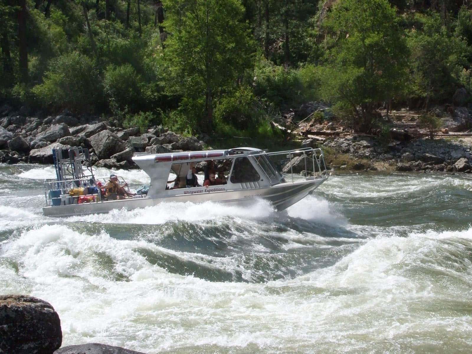 A Whitewater Expeditions jet boat hauls rafting equipment during a Salmon River jet back.